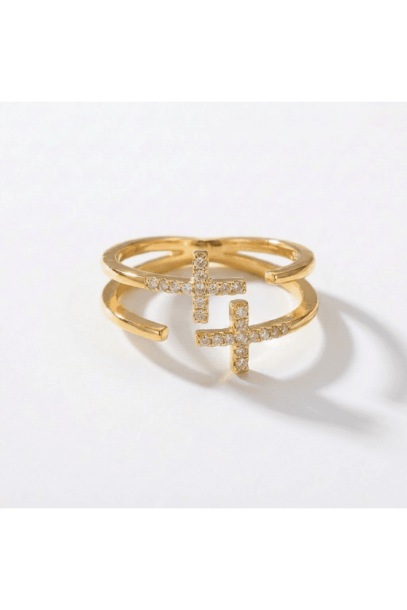 Double Cross Ring Gold CZ Pave Adjustable Open Band Religious Jewelry Gift for Women
