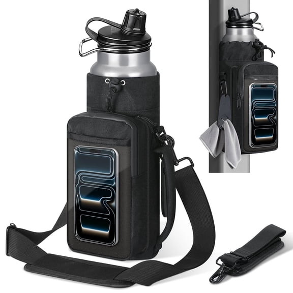MoKo Magnetic Water Bottle Holder with Clear Phone Pouch, Built-in 5 Magnets Fitness Bag for Men and Women Compatible with Most Water Bottles, Gym Accessories Gifts, Black