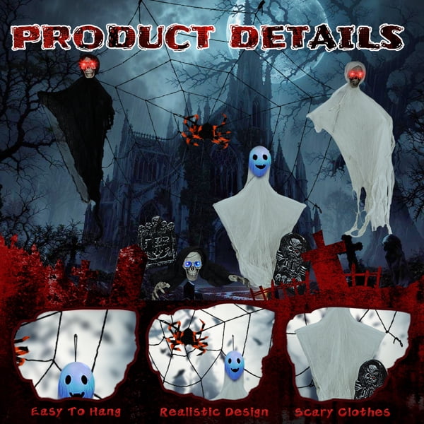8-Piece Outdoor Halloween Decoration Set, 3 Swinging Ghosts (LED Eyes) + 2 Gravestones + Crawling Skeleton + 5.9ft Cobweb, Indoor/Outdoor Use