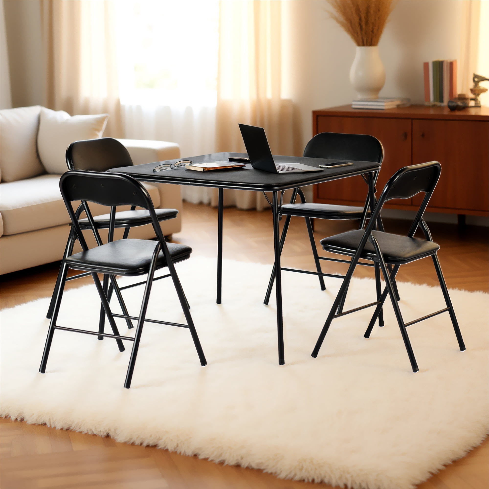 Homy Casa 5-Piece Folding Table and Chairs Set, 33.9in Dining Table with 4 Metal Chairs, Black