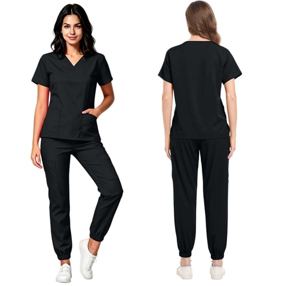 VV AVEORS Scrubs For Women Medical Scrubs Set - V-Neck Top & Jogger Pants With Pockets Soft Stretch Side Splits Nursing Uniforms Set Black L