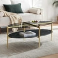 thumbnail image 3 of Rectangle Coffee Table Mid-Century Modern Design L W x H for Living Room - Structure Amber Glass Top and Walnut MDF Shelf Sleek Conical Metal Legs with Gold Finish, 3 of 9