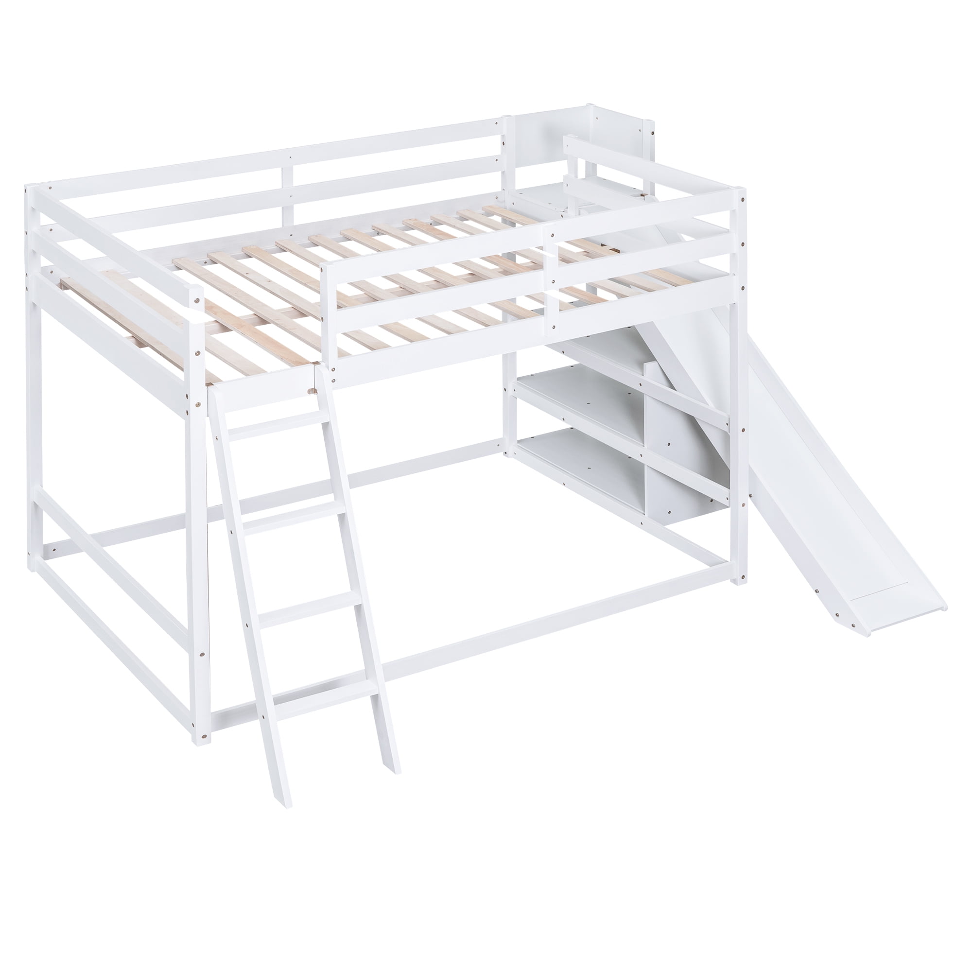 Euroco Wood Full over Full Bunk Bed with Slide and Ladder, 3-Tier Shelf for Kids Teens Bedroom, White