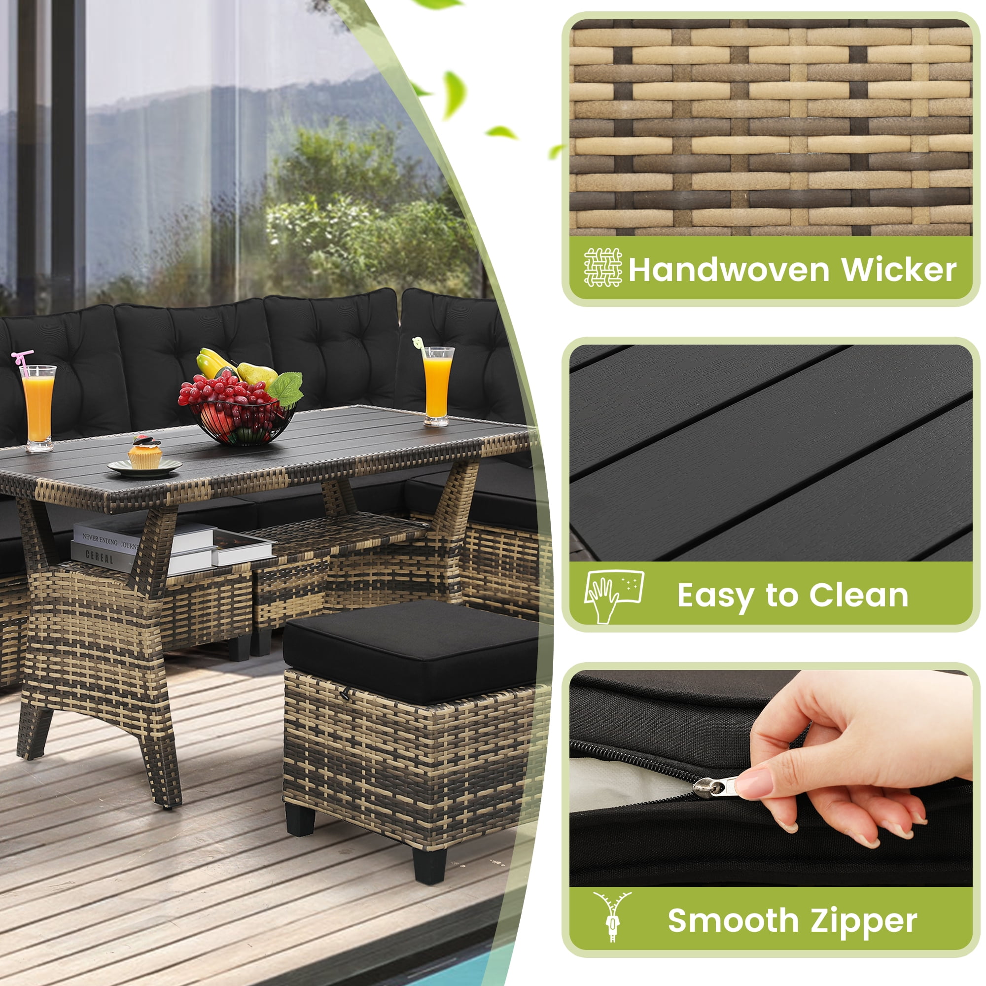 Melocadol 6 Piece Patio Sectional Set, Outdoor Conversation Furniture Set with 2 Sofas, 2 Ottoman, Table, Perfect for Patio, Deck or Poolside, Natural Wicker and Black Cushions