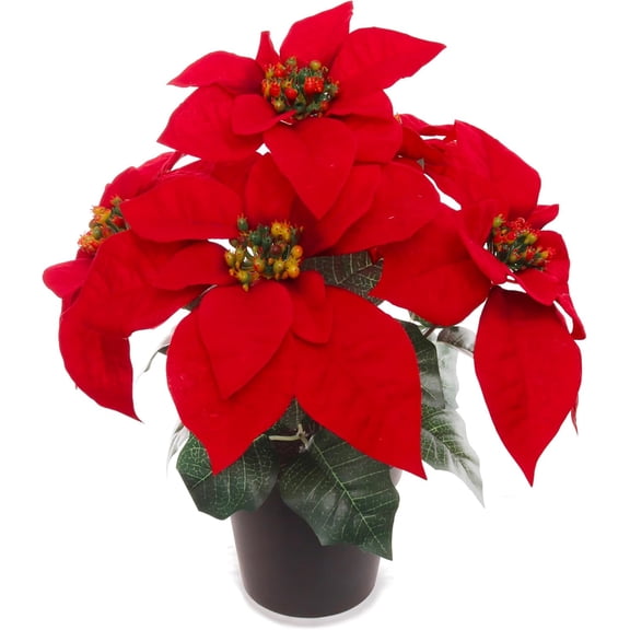 Pack of 2 – 13-Inch Velvet Poinsettia Bush in Pot – Artificial Christmas Flower Arrangement for Holiday Home, Office, and Event Décor
