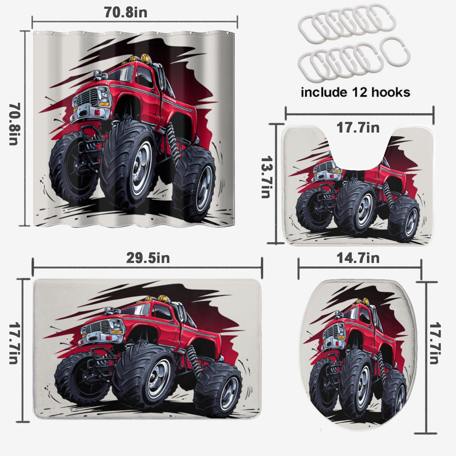 Cartoon Monster Truck 4 Piece Shower Curtain Sets Car with Heavy Large Tractor Wheels with Non-Slip Rugs Toilet Lid Cover and Bath Mat Bathroom Decor Set, 72x72 Inch