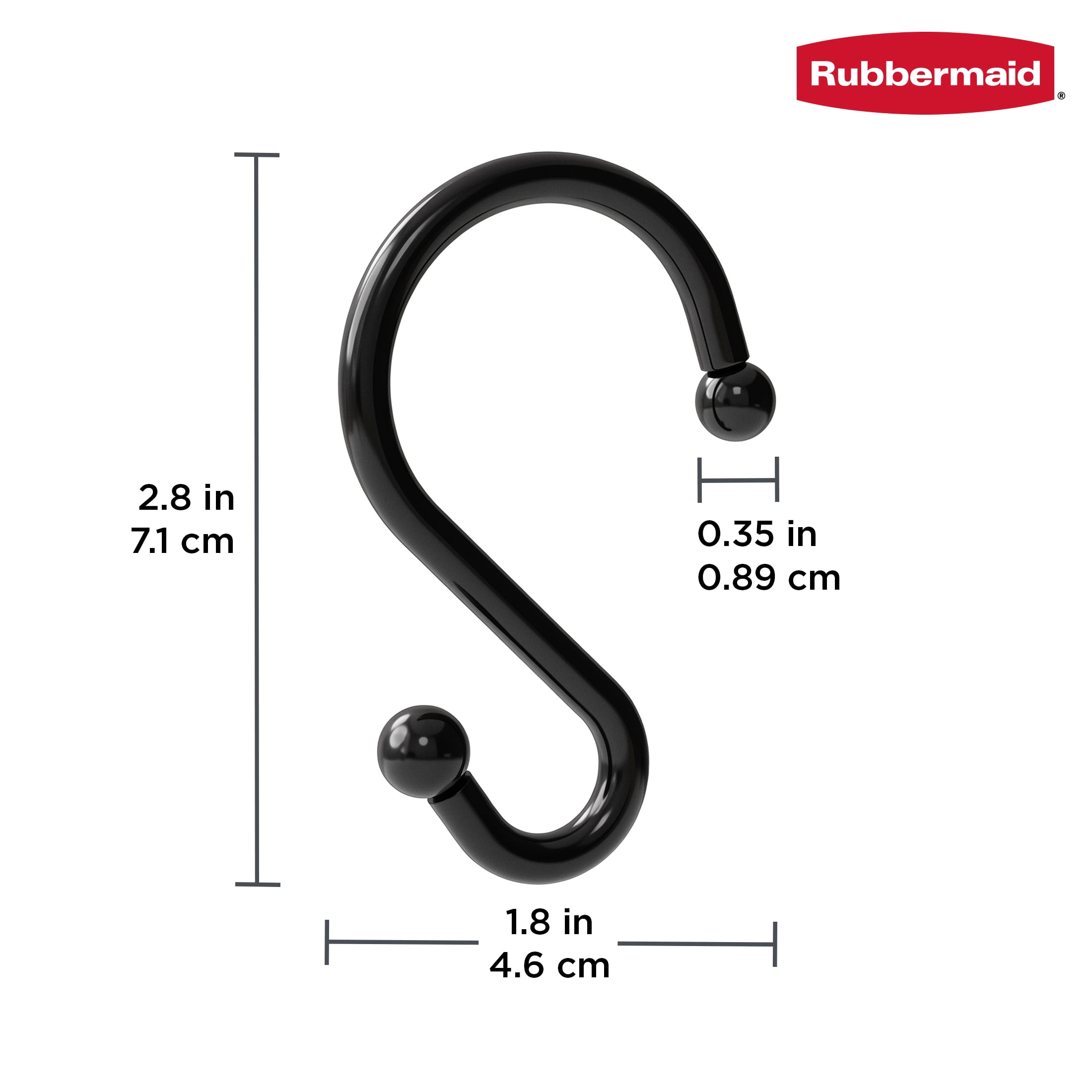 Rubbermaid Black Plastic S-Shape Shower Curtain Hooks, 12 Count