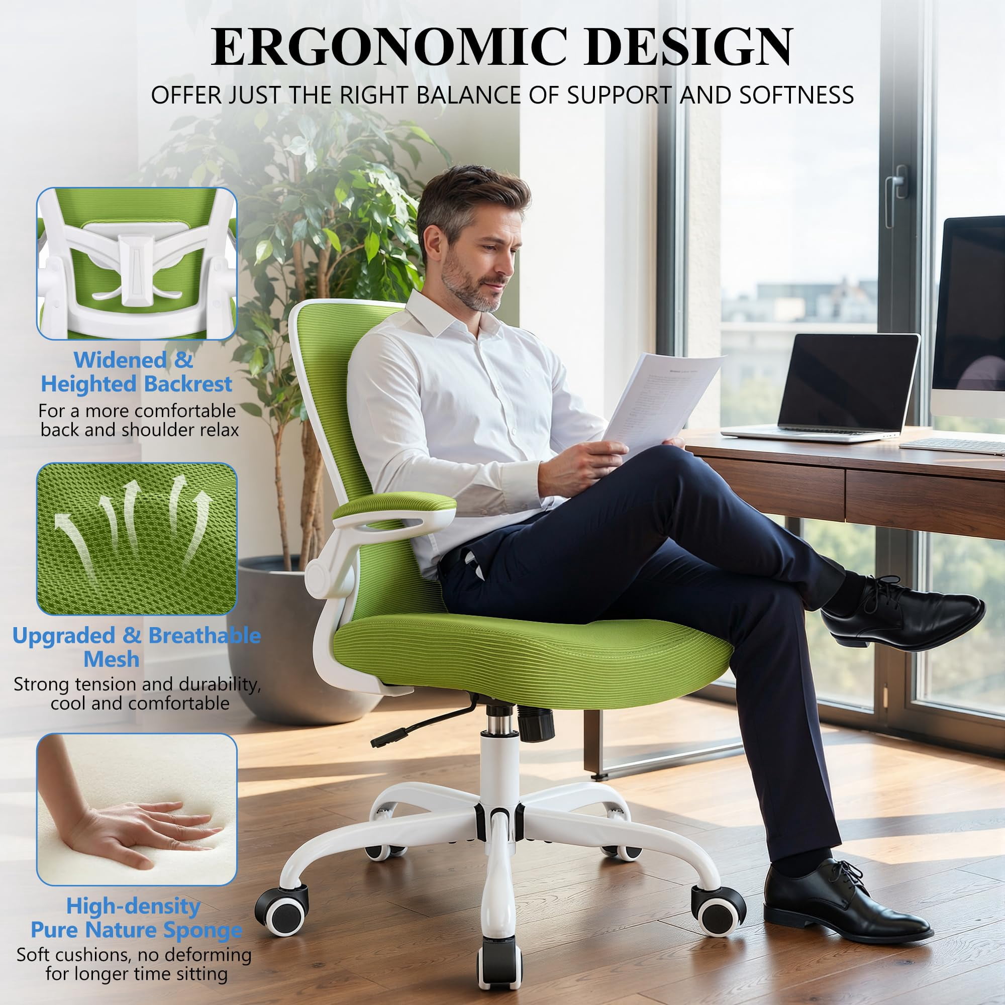 Office Chair, Ergonomic Desk Chair Breathable Mesh Chairs Adjustable High Back Lumbar Support Flip-up Armrests, Executive Rolling Swivel Comfy Computer Chairs Home Office Black