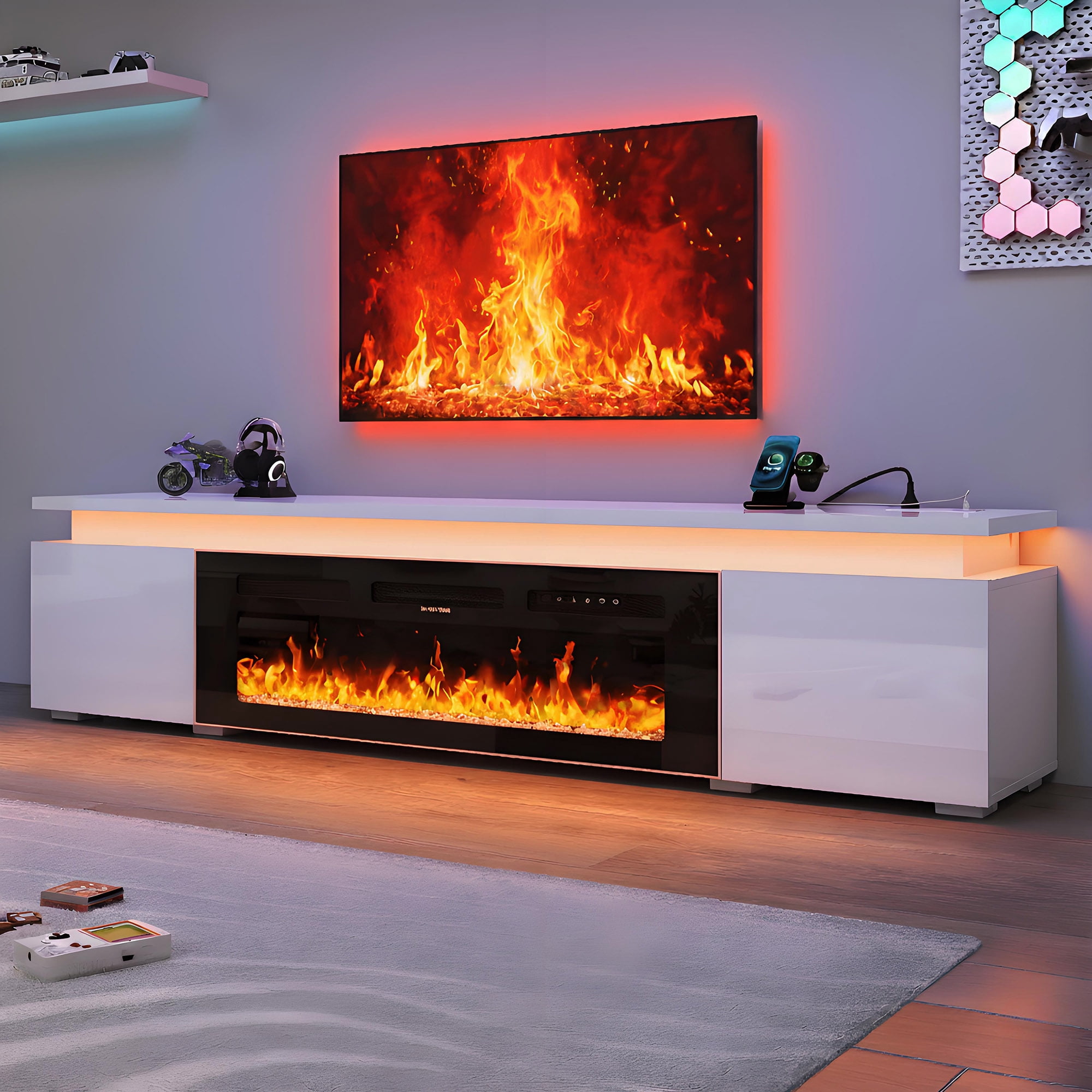 70" LED TV Stand with 40" Fireplace for Modern Living Room, Glossy Fireplace TV Stand Gaming Entertainment Center with Power Outlet for 85/80/75 Inch TVs