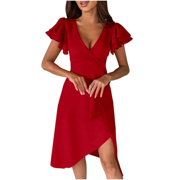 Drses Women's Sexy V Neck Ruffle Sleeve Faux Wrap Ruched Bodycon Sheath Cocktail Party Work Dress