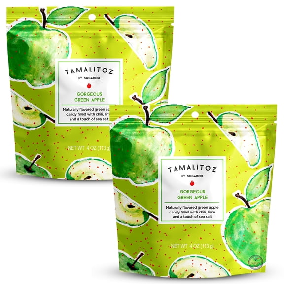 Tamalitoz Gorgeous Green Apple – Spicy Green Apple Tamale shape Candy Filled with Chile, Lime & Sea Salt Center, Handcrafted Fruit Candy, Gluten-Free, Kosher, No Artificial Colors – 2 Bags (4oz Each)