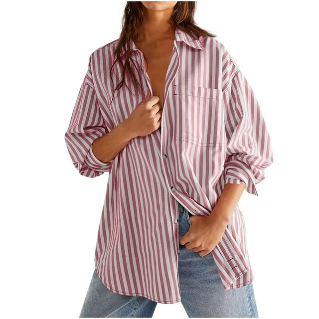 Summer Sales Womens Button Down Shirts Striped Classic Long Sleeve Collared Office Work Blouses Tops with Pocket