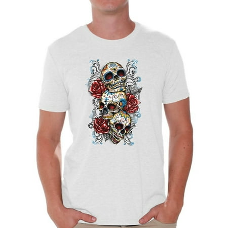 - Awkward Styles Three Sugar Skulls and Rosess T-shirt Top mens skull shirts day of the dead costume t shirt dia de Los Muertos costume t shirt candy skull sugar skull costume t shirt skull for men