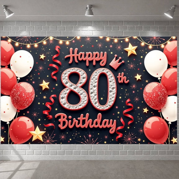 Red White Theme Happy 80th Banner Sparkling Design 80th Birthday Display Diamond-studded Numbers Golden Stars Birthday Backdrop for 80th Birthday Party Elderly Celebration Family Gathering