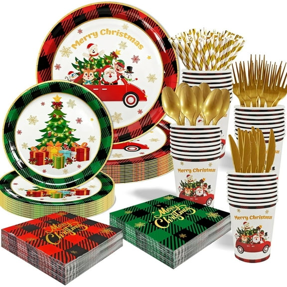 216 Pcs Merry Christmas Plates and Napkins Sets Disposable Merry Christmas Dinnerware Set with Paper Plates, Napkins, and Utensils for Holiday Party Xmas Party Supplies Decoration,Serves 24