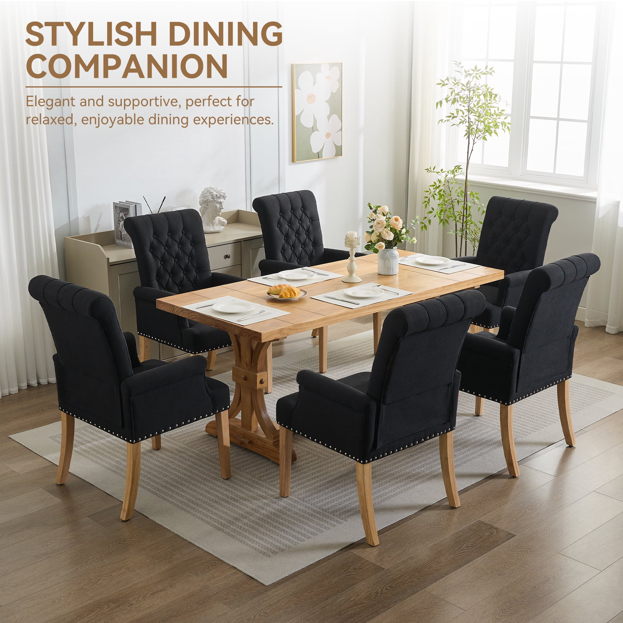 Fabric Upholstered Dining Chair with Arms, Tufted High Back Accent Coffee Armchair for Kitchen Dining Room Living Room, Black