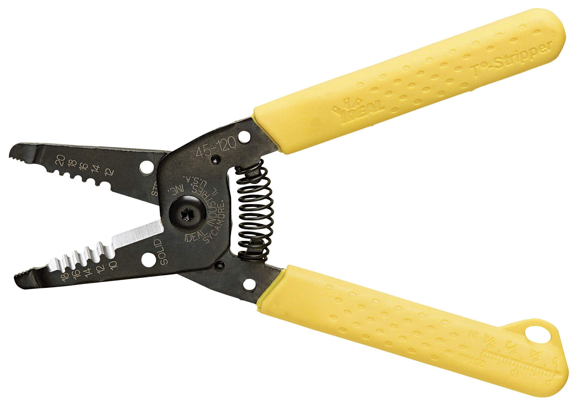 IDEAL Electrical 45-120 T-5 T-Stripper - 10-20 AWG, Yellow Wire Stripper with Looping Holes, Plier Nose, Spring Loaded Automatic Opening,Black
