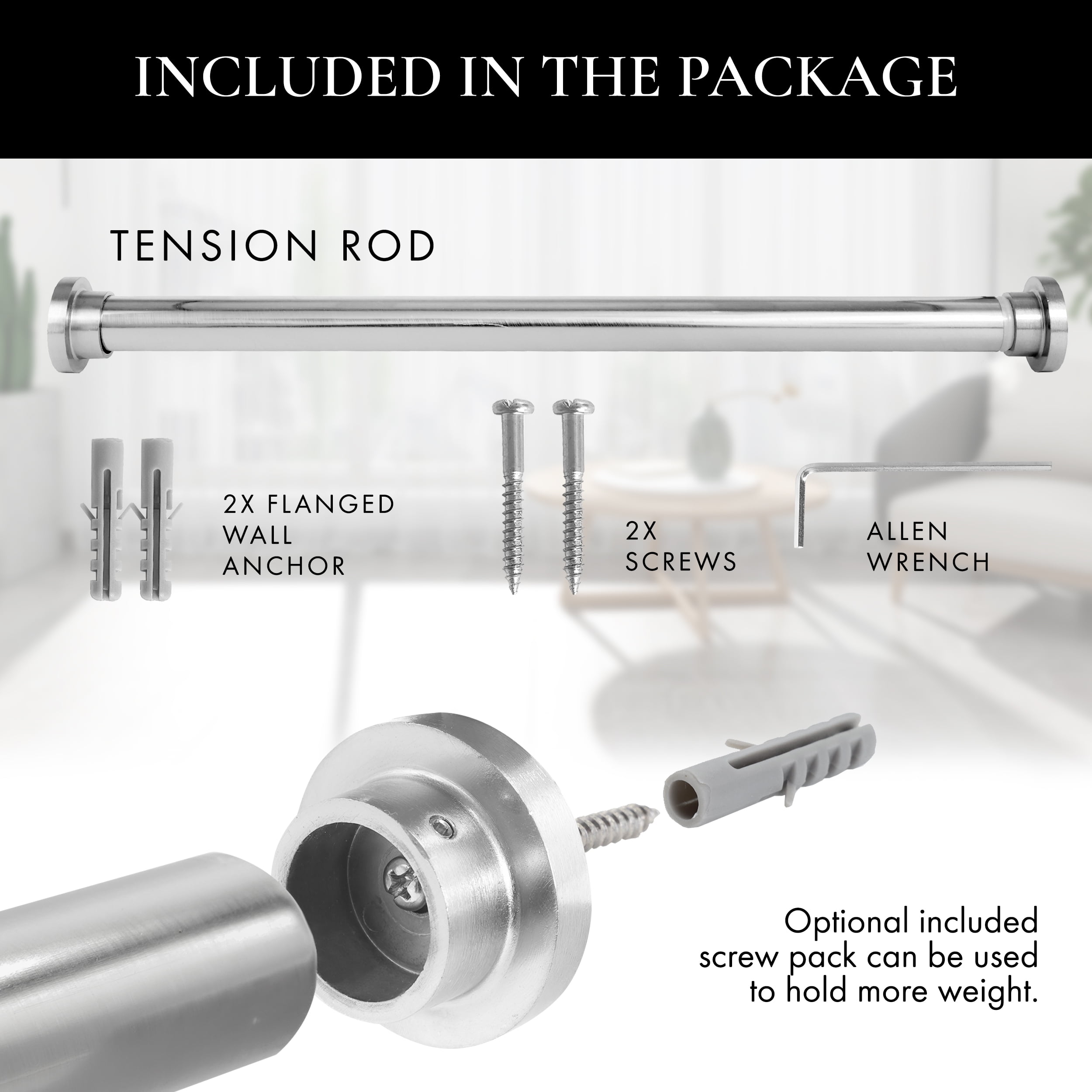 Meriville 1-inch Diameter Metal Tension Rod, Adjustable 16-24, Satin Nickel