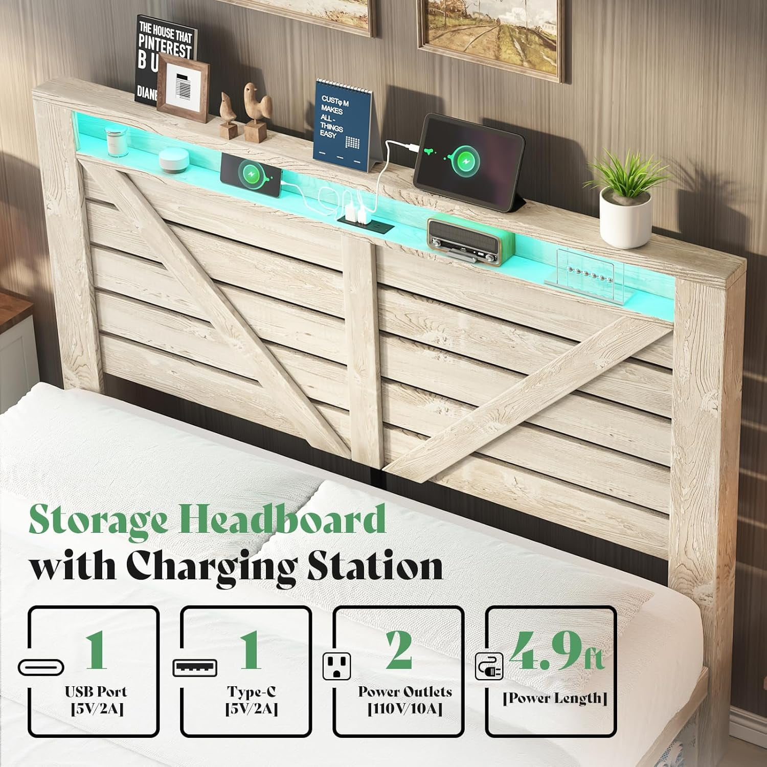 Amerlife Queen Size Storage Bed Frame with 4 Drawers & LED Light, Charging Station, Rustic White