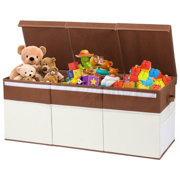 FIIOEOY Extra Large Collapsible Toy Storage Box with Lid, Divider & Mesh Pockets, 40”x14”x16”, White & Brown