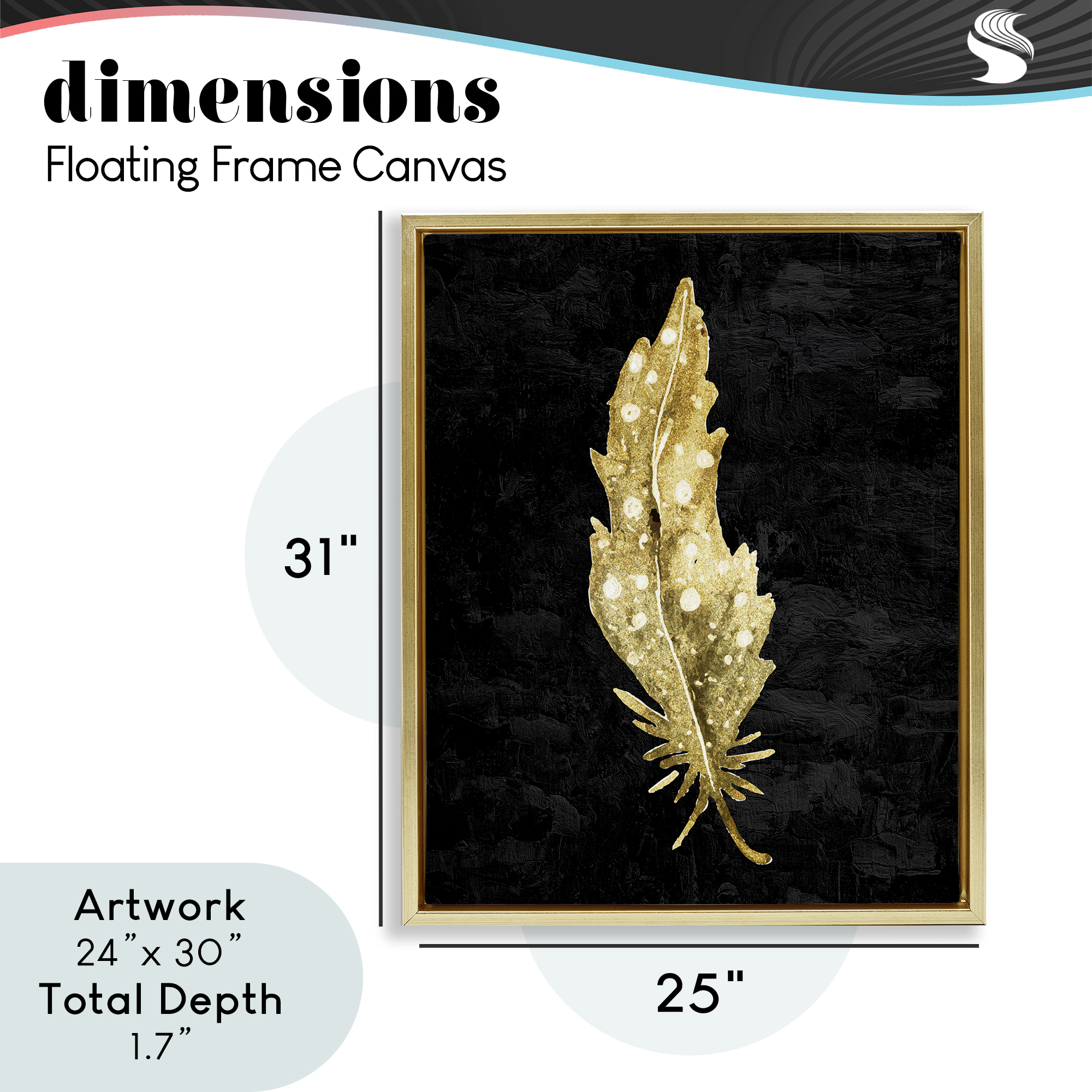 Feather On Black Gold Framed Floater Canvas Wall Art, design by Kim Allen