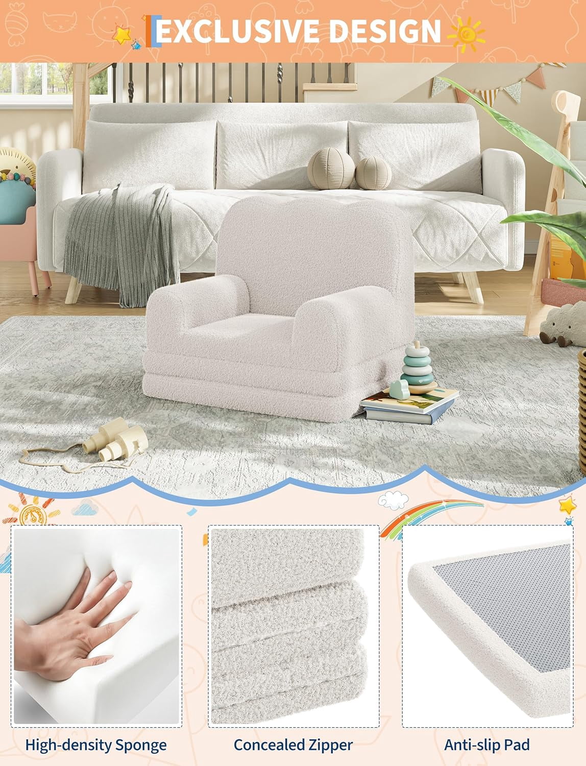 2-in-1 Convertible Kids Couch - Soft Teddy Fleece Toddler Sofa Chair and Fold Out Lounger, White