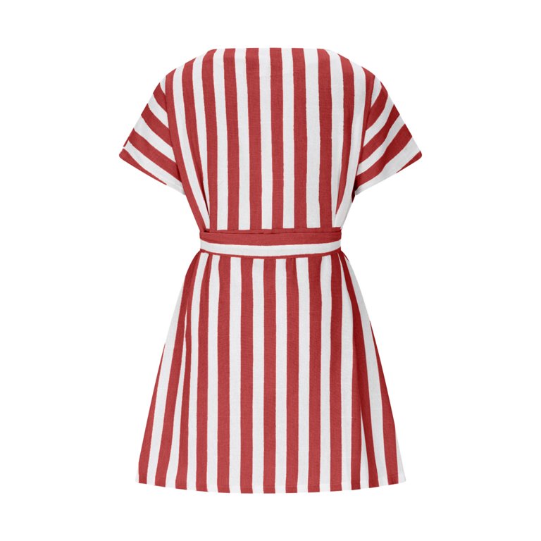 Under $20 Summer Dresses Plus Size, Women And Linen V-neck Button Up Shirt  Cardigan Belt Striped Shirt Dress With Pocket(Red,XL) - Walmart.com
