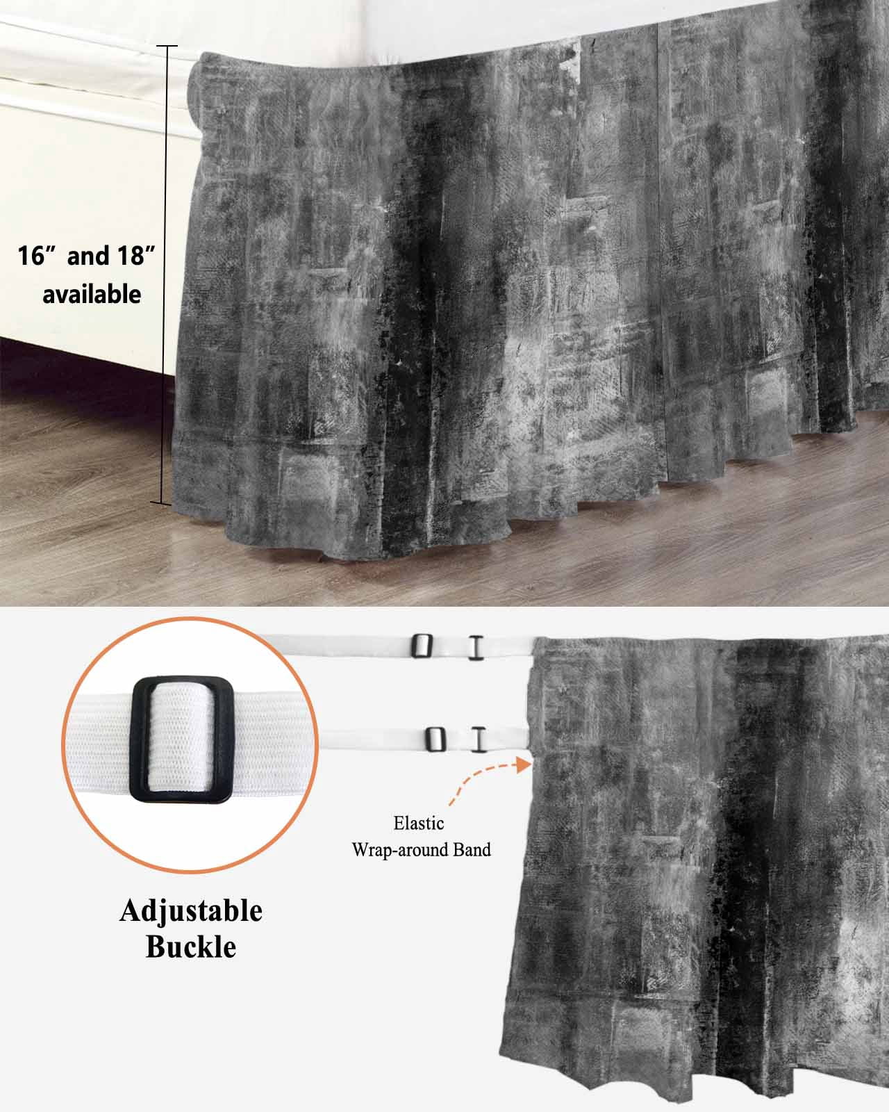 Gray Wrap Around Bed Skirts for King Bed 18" Drop,Bed Skirt with Adjustable Elastic Belt Dust Ruffle Bed Valance for Bedroom Hotel Retro Oil Painting Modern Abstract Art Aesthetics Bed Frame Cover