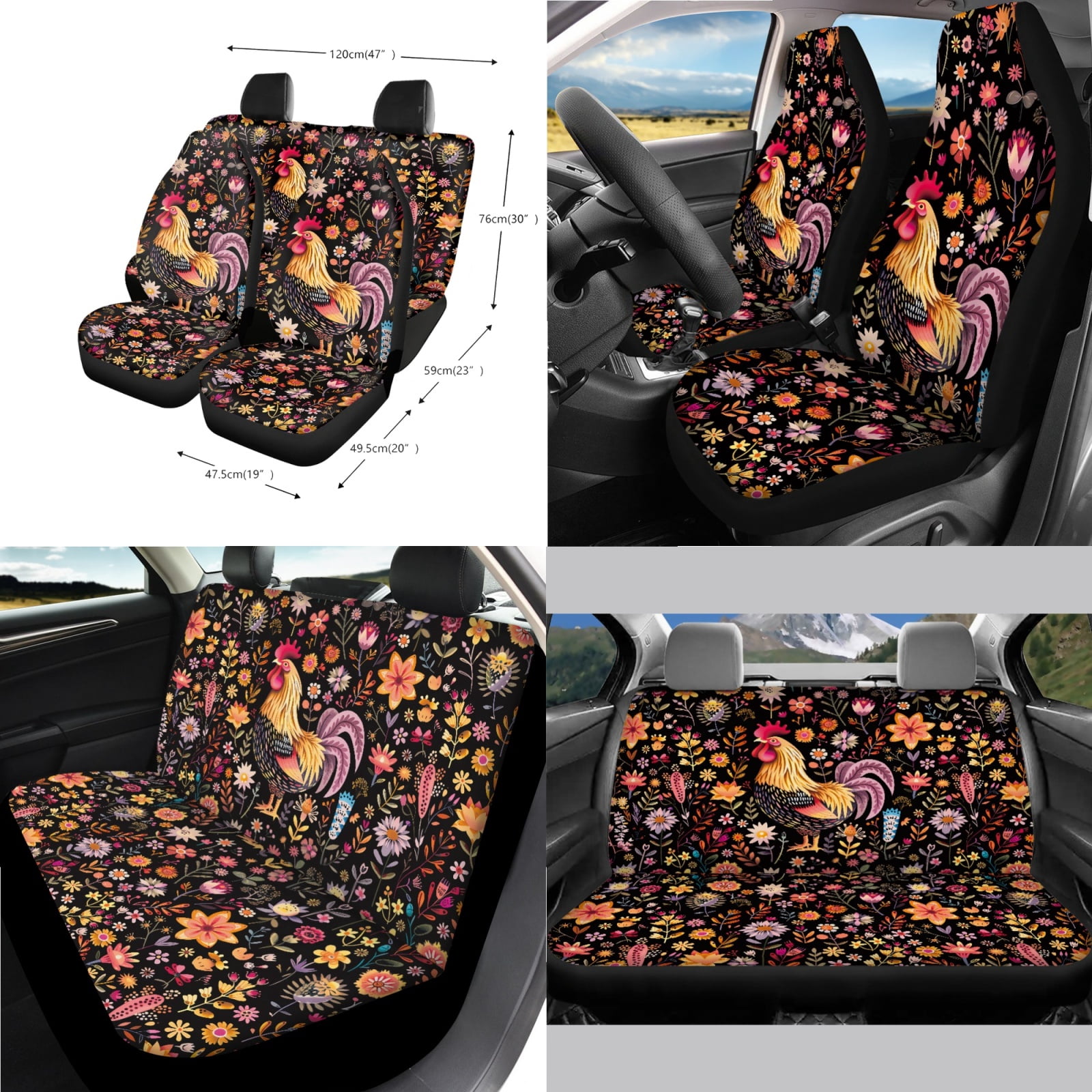 Yuyamidu 14 PCS Chicken Car Seat Cover Full Set with Steering Wheel Cover Floral Seat Belt Cover Cross Trash Can Rear View Mirror Cover Coaster Center Console Cover Gear Shift Knob Cover Set