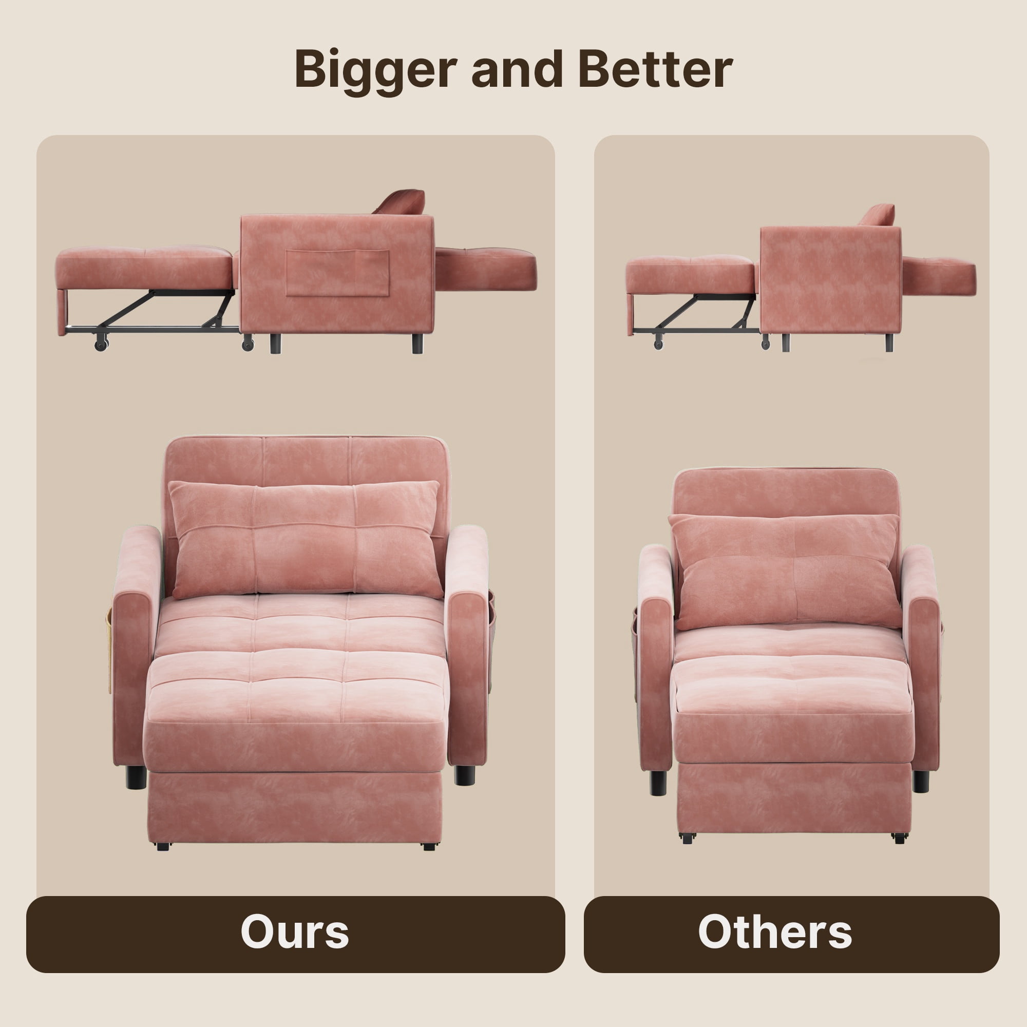 Asofer 3-in-1 Convertible Sofa Chair Bed with Adjustable Backrest, for Living Room, Office,Small Space,Velvet Pink