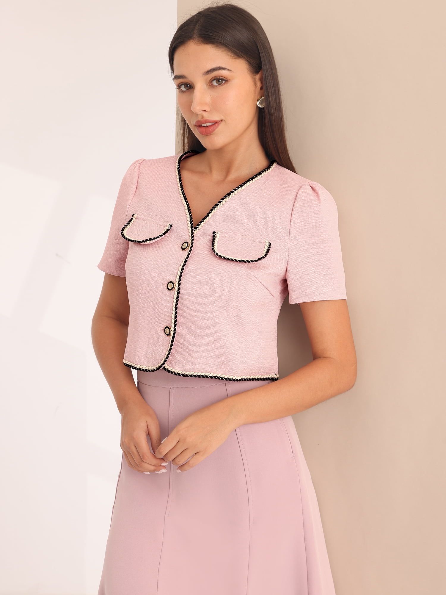 DARING DIVA Tweed Contrast Color Button Down Short Sleeve Blazer 2XL Pink