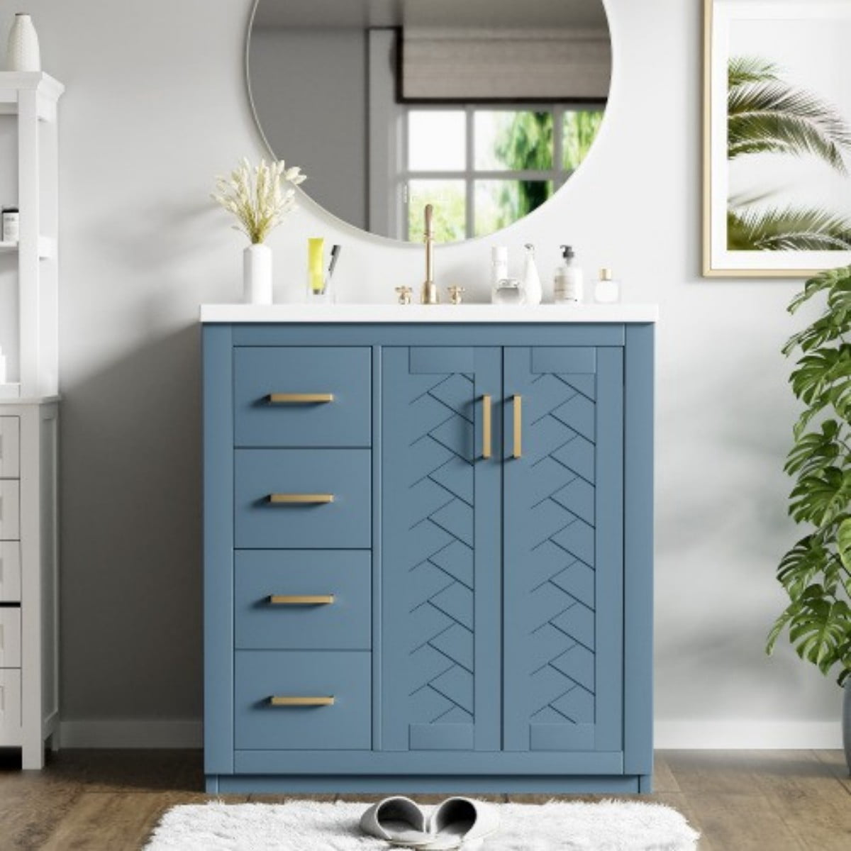 30" Bathroom Vanity with Sink, Freestanding Bathroom Vanity Cabinet with Ceramic Sink, Solid Wood Frame, 3 Drawers & Soft Close Doors, Modern Storage Cabinet, Indigo