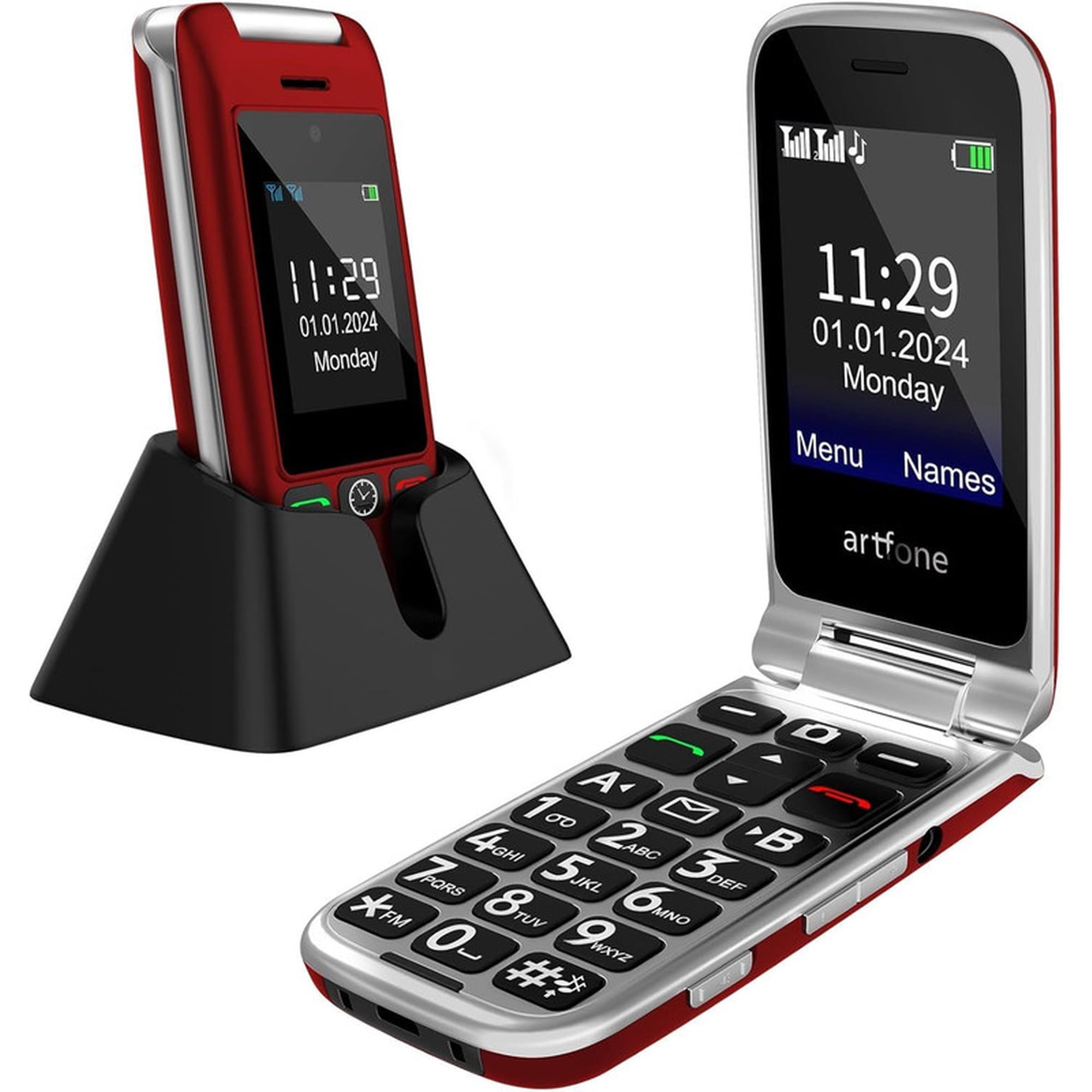 artfone G6 - 4G LTE Flip Phone Unlocked, Cell Phone for Seniors, Dual Screen, Seniors Flip Phone, Large Button Keypad, SOS Button, Camera, Flashlight, Charging Dock, Speed Dial, Dumb Phone, Red