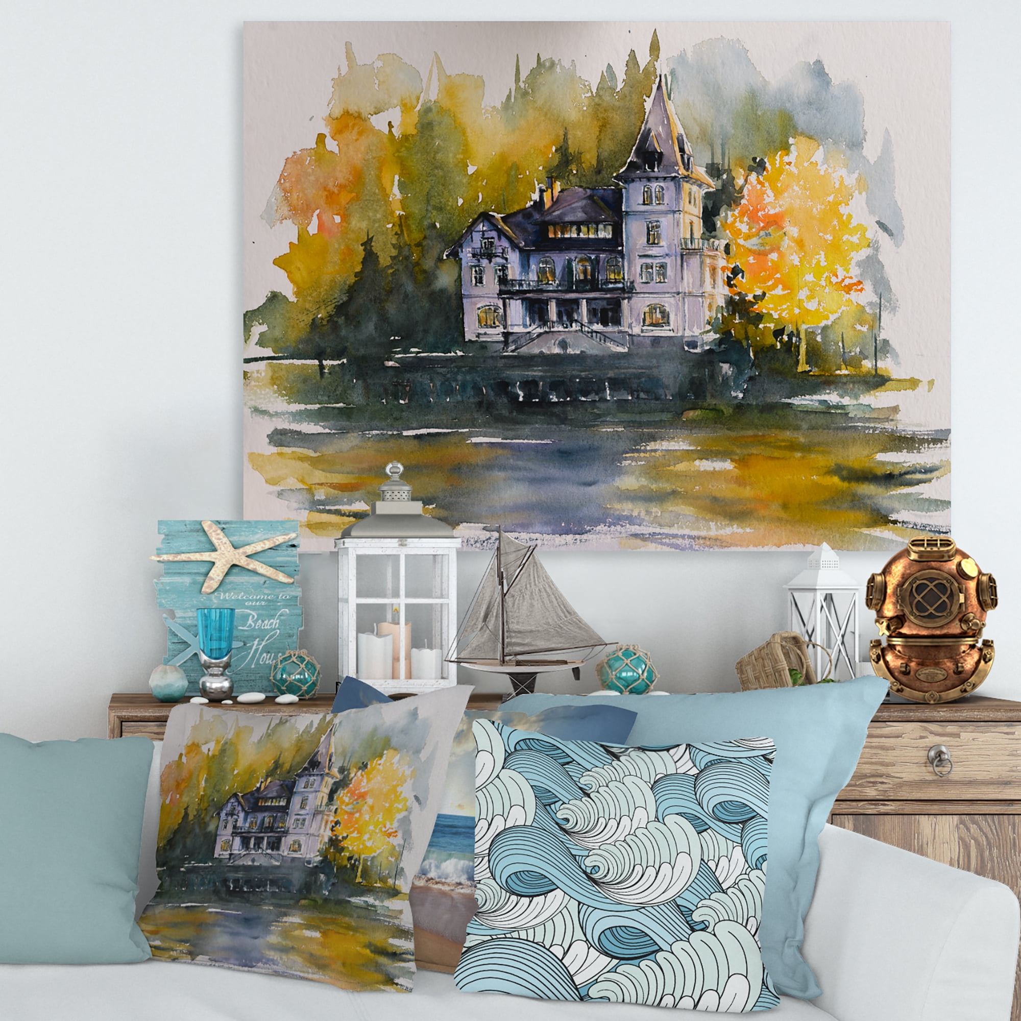 Designart ' Castle With Autumn Trees By The Lake ' Lake House Canvas Wall Art Print