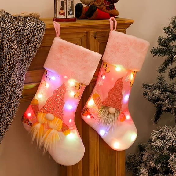 Coolmade 2Pcs LED Christmas Stocking,18" Large Xmas Fabrics Stockings Decoration, Pink