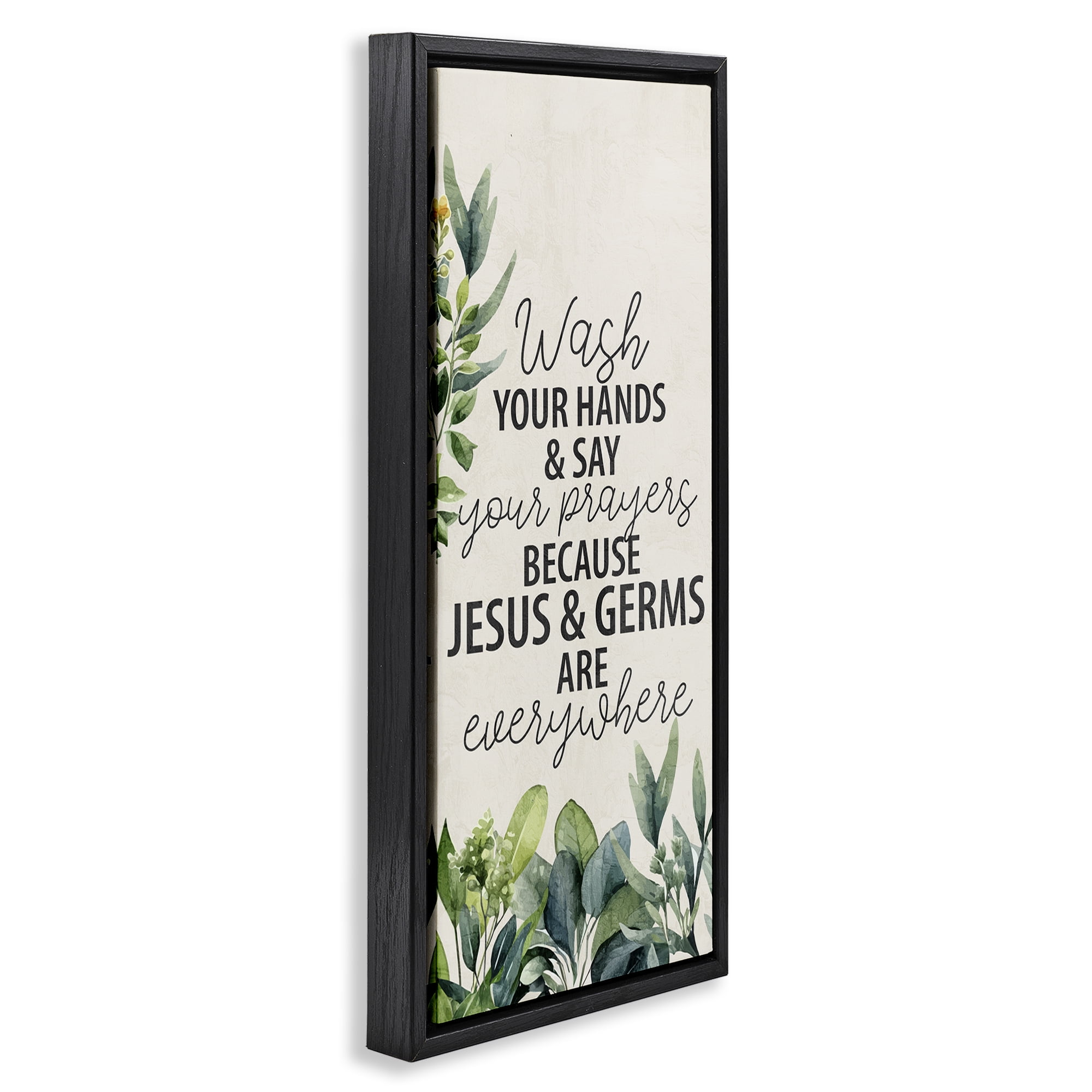Stupell Industries Jesus & Germs Hygiene Bath & Laundry Painting Black Floater Framed Canvas Art Print Wall Art, 11 x 25