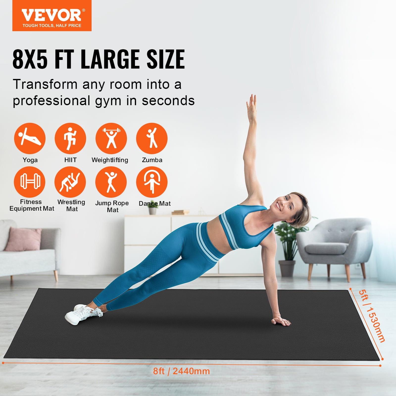 VEVOR Exercise Mat, Non Slip High Density Premium Yoga Mat, Exercise Yoga Mat for Men & Women, Fitness & Exercise Mat with Bag & Carry Strap, for All Types of Home Yoga, Floor Workout (8x5ft)