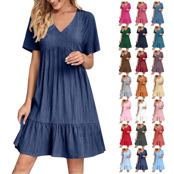 DYTTDG Women's Tiered Mini Dress | V-Neck Short Sleeve Summer Dress, Solid Color A-Line Flowy Dress for Casual, Beach & Daily Wear