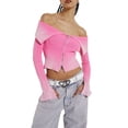 thumbnail image 1 of Sunloudy Women Lapel Crop Tops Off Shoulder Long Sleeve Gradient Print Slim Fit T-Shirts Ribbed Tops, 1 of 7