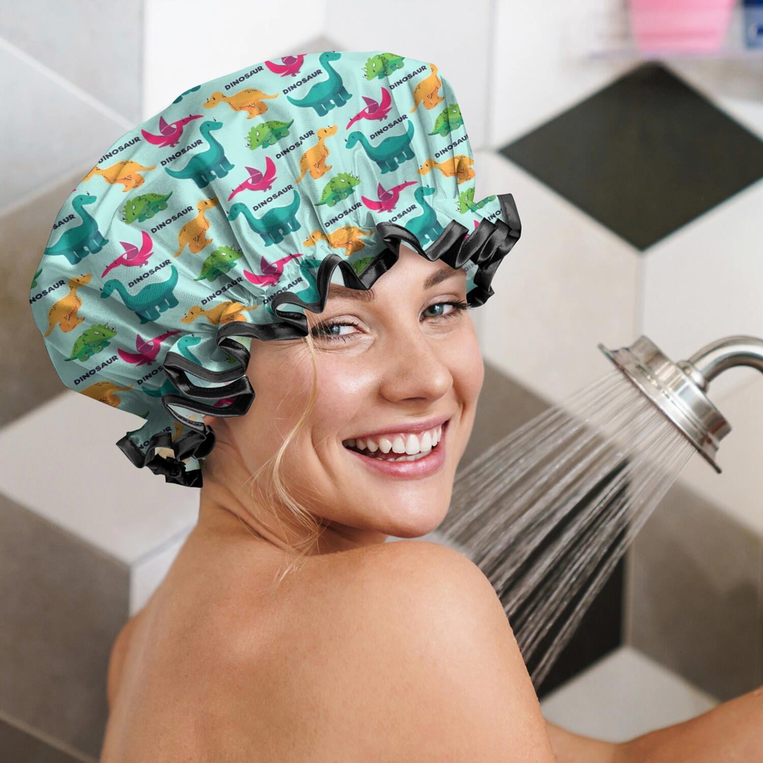 Shower Caps,Colorful Dinosaurs DINO Pattern Waterproof Shower Cap for Women 4 Pieces,Double Reusable Hair Cover for Shower PEVA Elastic Stretch Hem