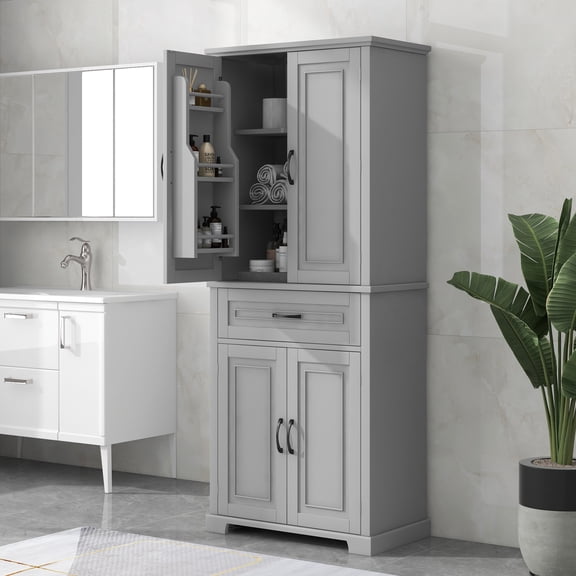 GDF Studio Tall Bathroom Cabinet with Doors, Drawer and Adjustable Shelf, Multi-Tier Storage Organizer, Gray