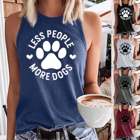 HAPIMO Women's Summer Tank Tops Sleeveless Shirts for Girls Daily Basic Camisole O-Neck Blouse Cute Dog Paw Letter Print Tops Casual Loose Fit Camis Vest Savings White S