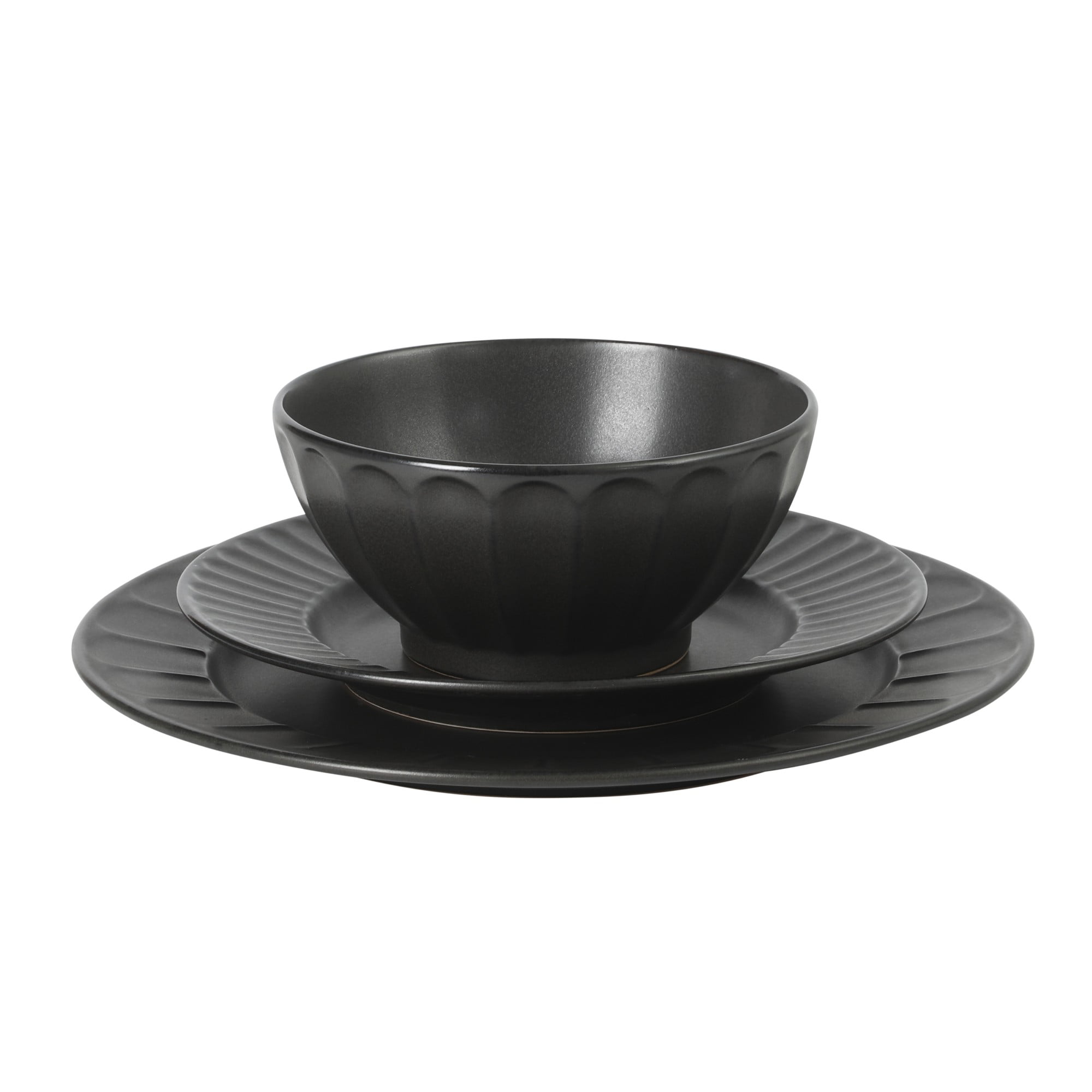 Gibson Elite Winchester Way 12-Piece Embossed Stoneware Dinnerware Set – Reactive Matte Glaze, Durable Lightweight-Tech Plates & Bowls, Everyday Dish Set, Microwave & Dishwasher Safe – Black