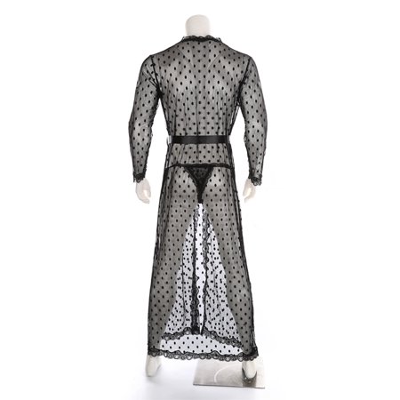 

Odeerbi Reduced Mens Thong Underwear Long Lace Bathrobe Transparent Kimono Slit T-pants Set Perspective Erogenous Underwear Black