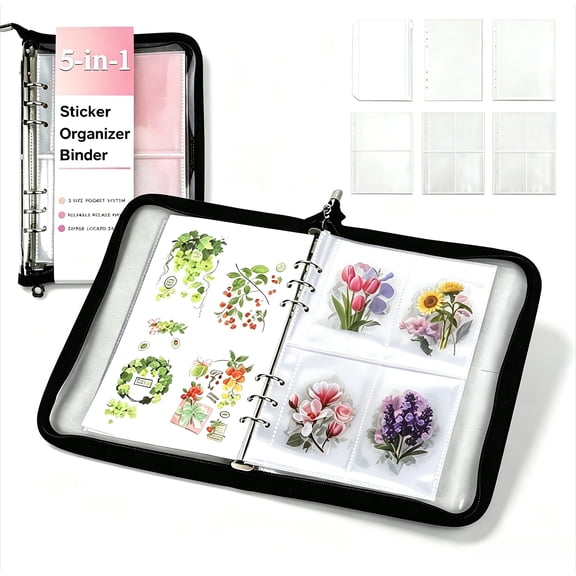 5-in-1 Sticker Organizer Book – Reusable A5 Storage Binder with 220 Pockets, 10 Release Papers, Zipper Album for Sticker Collecting & Display (Black)