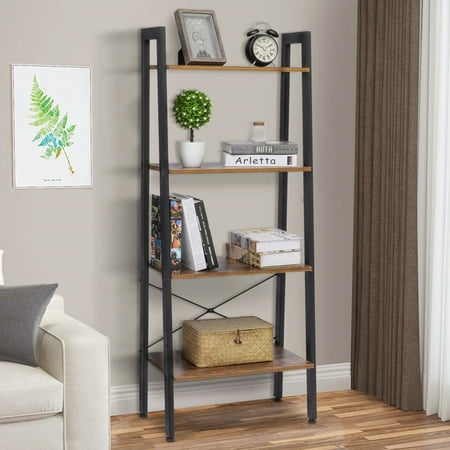 Ktaxon Industrial Ladder Shelf, 4-Tier Vintage Bookshelf Organizer Storage Rack Shelves for Living Room Brown MDF & Steel
