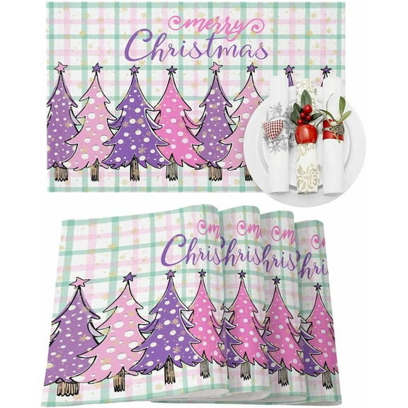 Christmas Placemats Set of 6 Xmas Trees Christmas Placemats for Dining Table Buffalo Plaid Pink Purple Table Mat Winter Holiday Home Party Kitchen Table Decorations