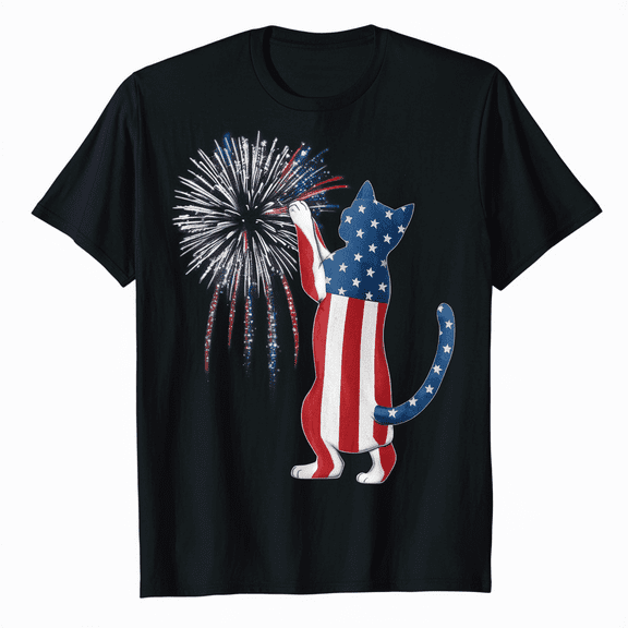 American Cat 4th of July Fireworks T-Shirt Patriotic Kitty Lover Tee