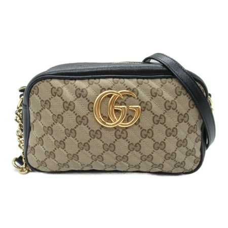 Pre-Owned GUCCI GG Marmont Shoulder Bag Beige Black leather GG canvas 520981 (Good)