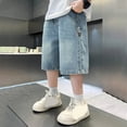 thumbnail image 4 of mgoYE Boys Baggy Jorts, Elastic Waist Wide Leg Jean Shorts Loose Denim Shorts with Pockets Y2K Streetwear(Blue,11-12 Years), 4 of 5